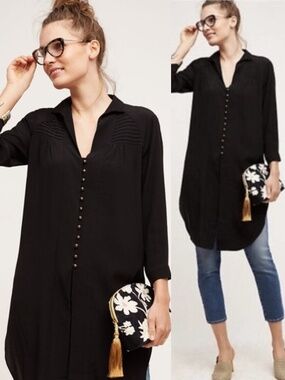 Anthropologie Maeve Ceycan Tunic Button Front Blouse Size Large Black